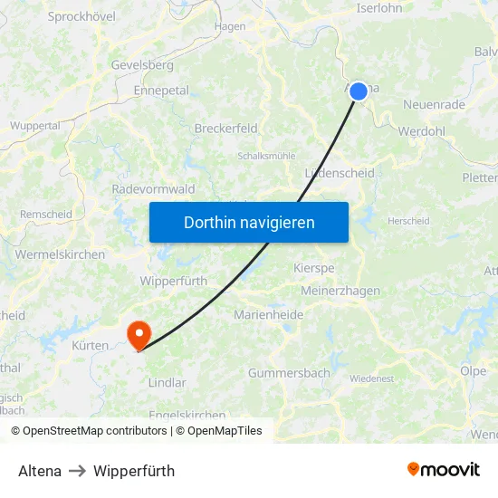 Altena to Wipperfürth map