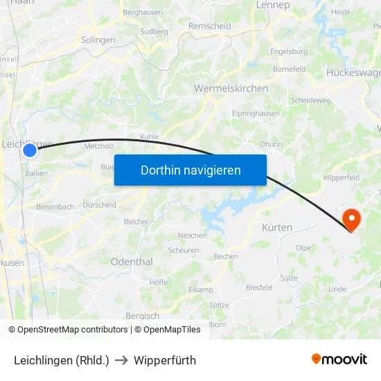Leichlingen (Rhld.) to Wipperfürth map