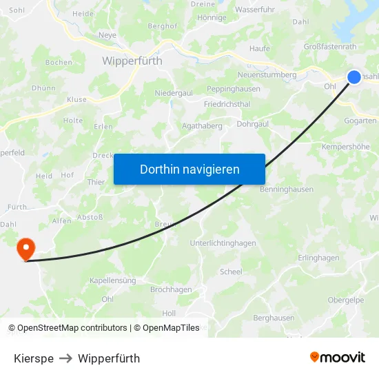 Kierspe to Wipperfürth map