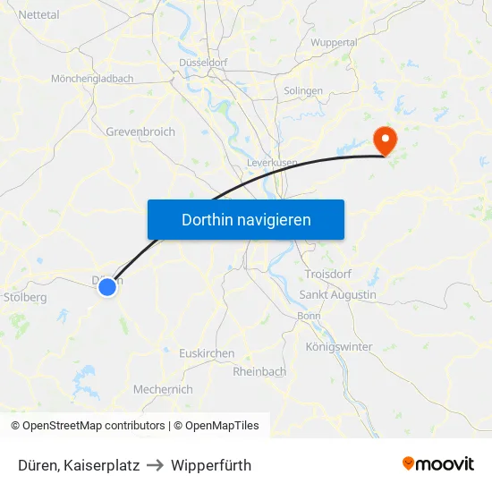 Düren, Kaiserplatz to Wipperfürth map