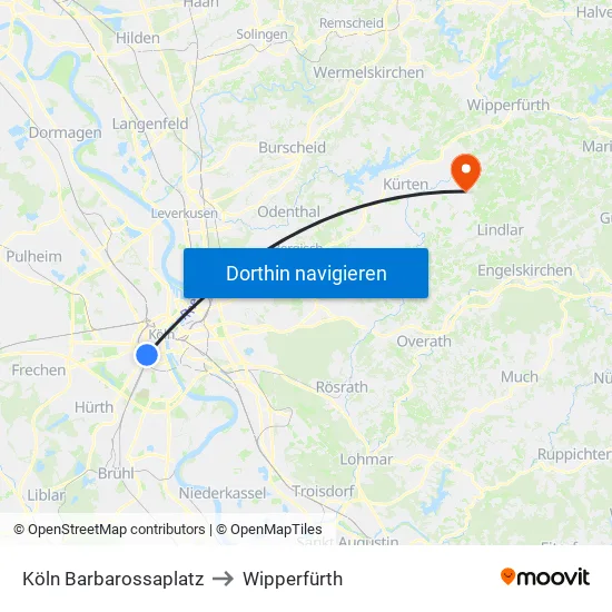 Köln Barbarossaplatz to Wipperfürth map