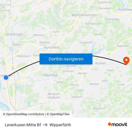 Leverkusen Mitte Bf to Wipperfürth map