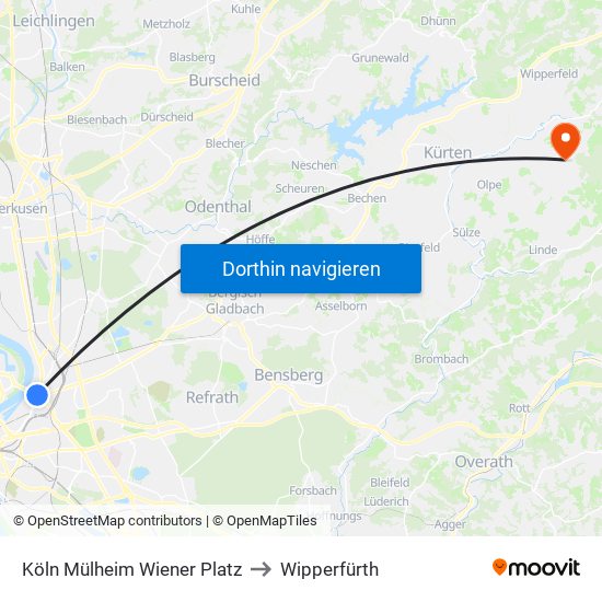 Köln Mülheim Wiener Platz to Wipperfürth map