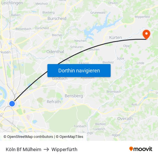 Köln Bf Mülheim to Wipperfürth map