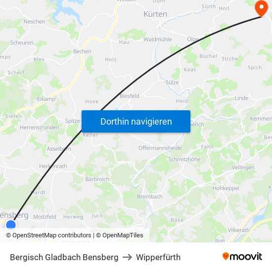 Bergisch Gladbach Bensberg to Wipperfürth map