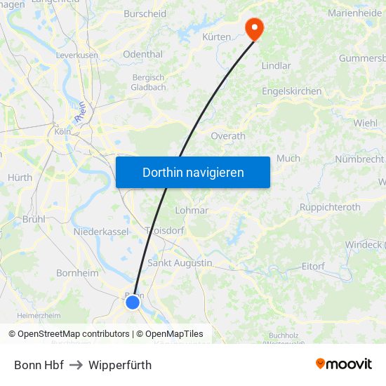 Bonn Hbf to Wipperfürth map