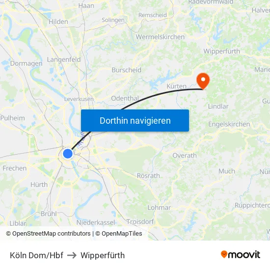 Köln Dom/Hbf to Wipperfürth map