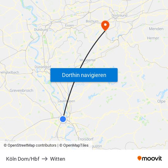 Köln Dom/Hbf to Witten map