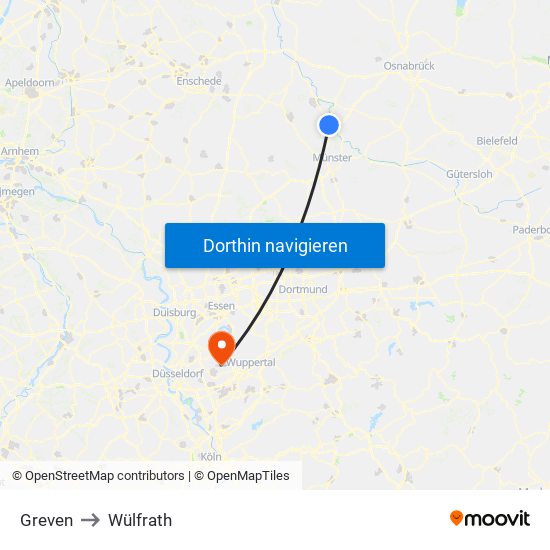 Greven to Wülfrath map