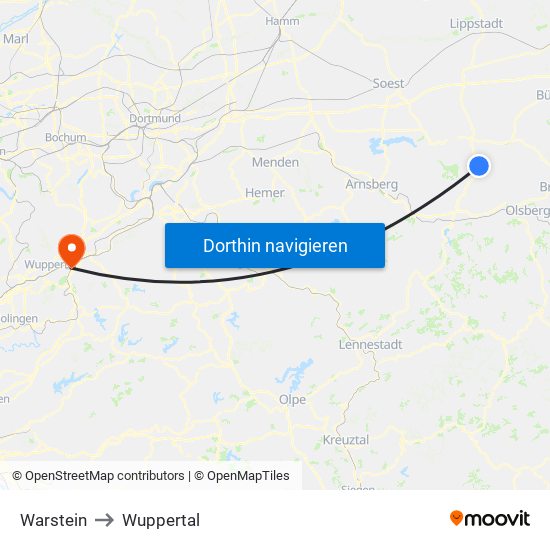 Warstein to Wuppertal map