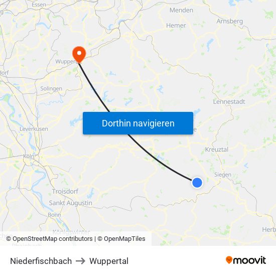 Niederfischbach to Wuppertal map