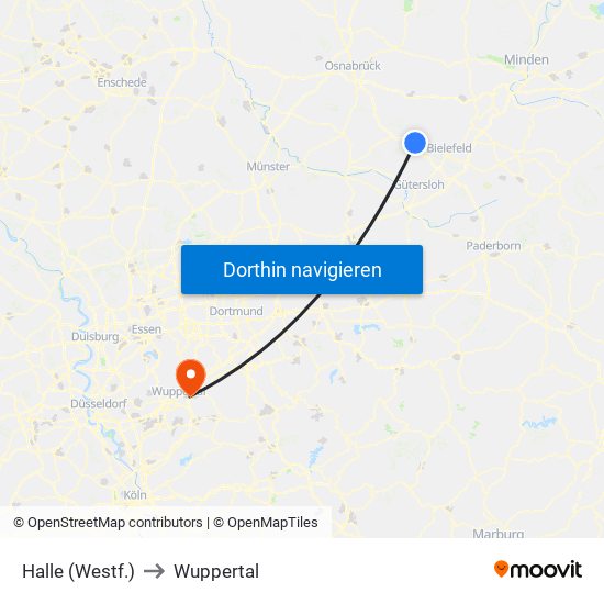 Halle (Westf.) to Wuppertal map