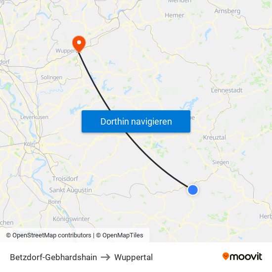 Betzdorf-Gebhardshain to Wuppertal map