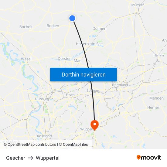 Gescher to Wuppertal map
