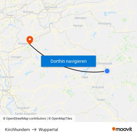 Kirchhundem to Wuppertal map