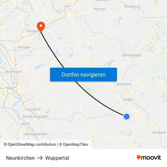 Neunkirchen to Wuppertal map