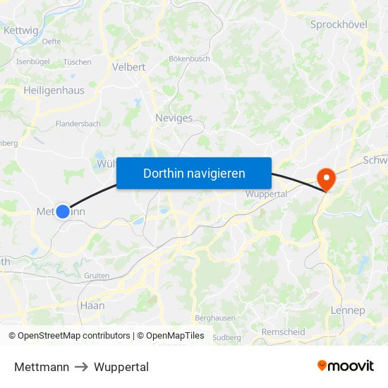 Mettmann to Wuppertal map