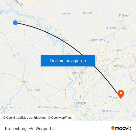 Kranenburg to Wuppertal map