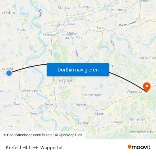 Krefeld Hbf to Wuppertal map