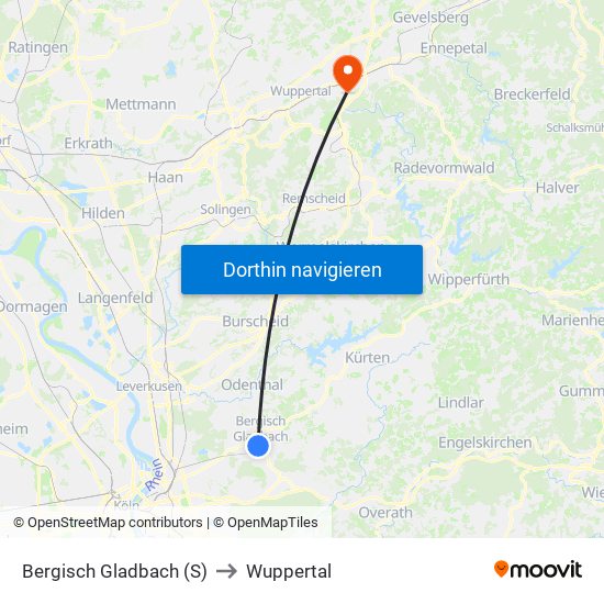 Bergisch Gladbach (S) to Wuppertal map