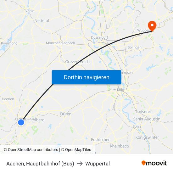 Aachen, Hauptbahnhof (Bus) to Wuppertal map