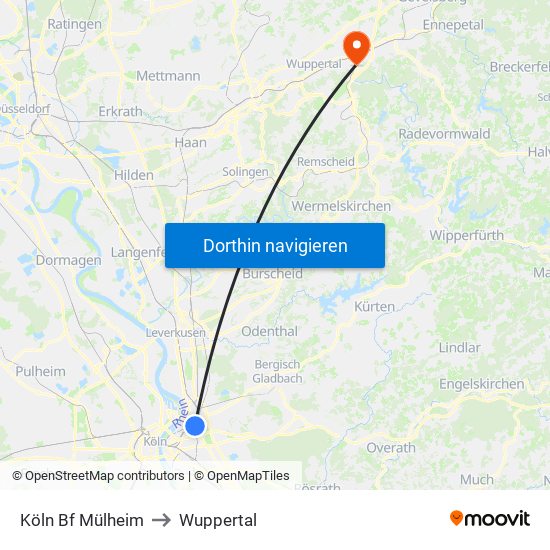 Köln Bf Mülheim to Wuppertal map