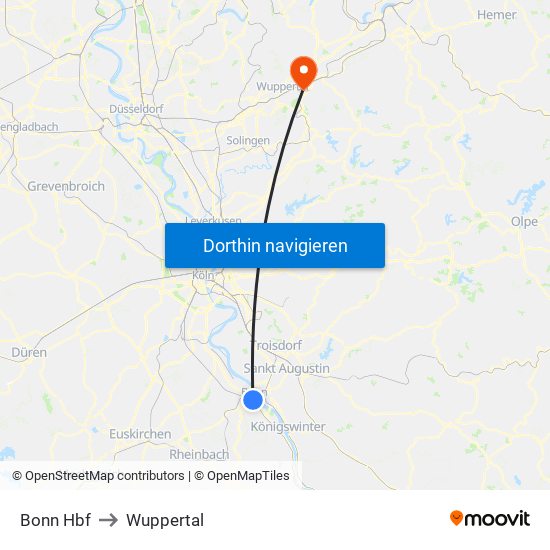 Bonn Hbf to Wuppertal map