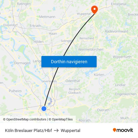 Köln Breslauer Platz/Hbf to Wuppertal map