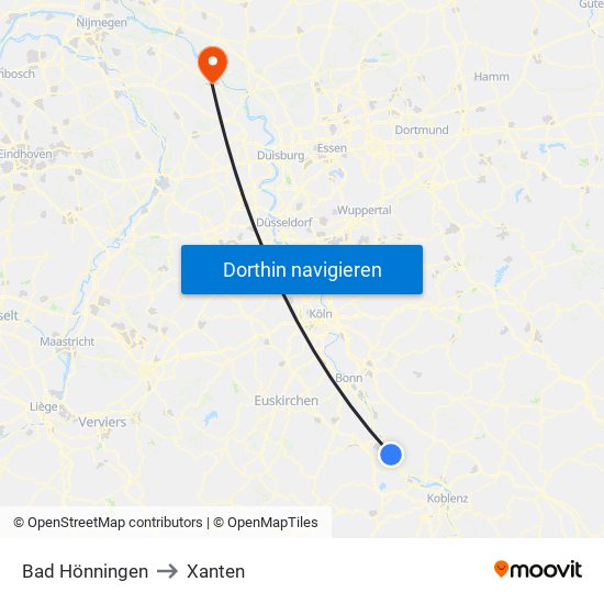 Bad Hönningen to Xanten map