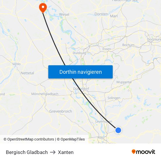 Bergisch Gladbach to Xanten map