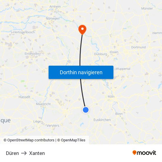 Düren to Xanten map