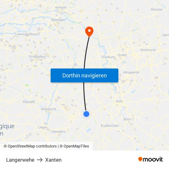 Langerwehe to Xanten map