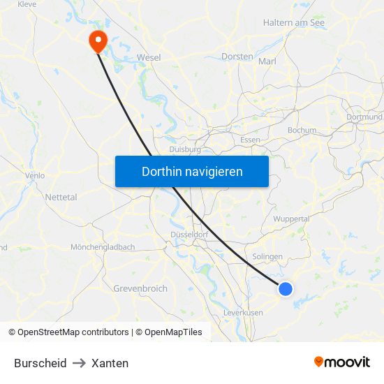 Burscheid to Xanten map