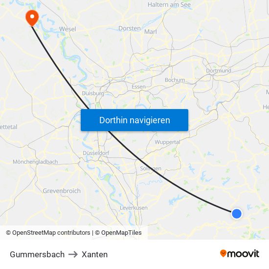 Gummersbach to Xanten map