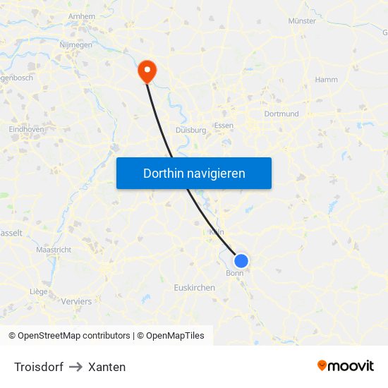 Troisdorf to Xanten map