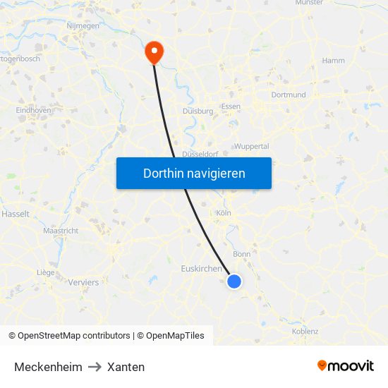 Meckenheim to Xanten map