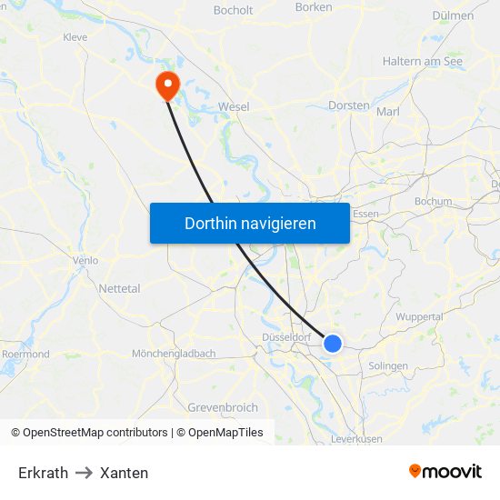 Erkrath to Xanten map