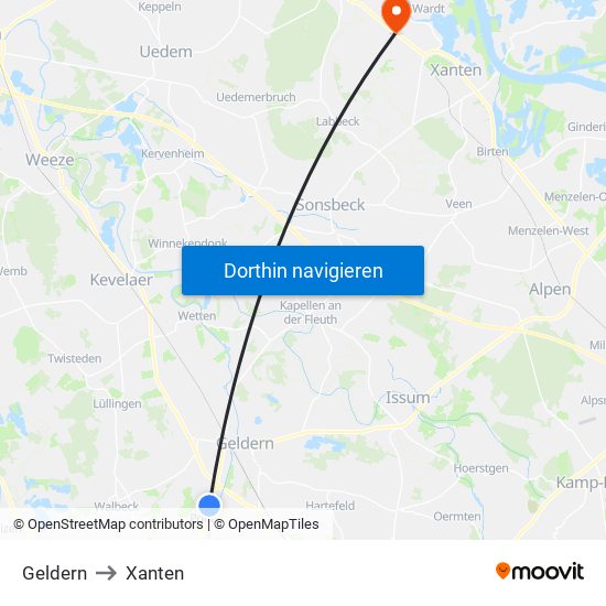 Geldern to Xanten map