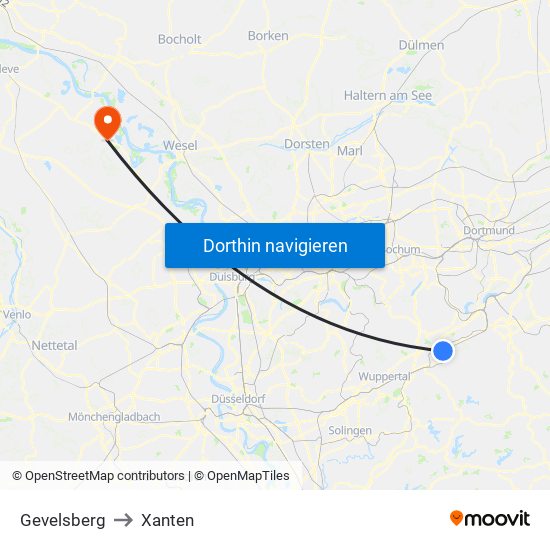 Gevelsberg to Xanten map