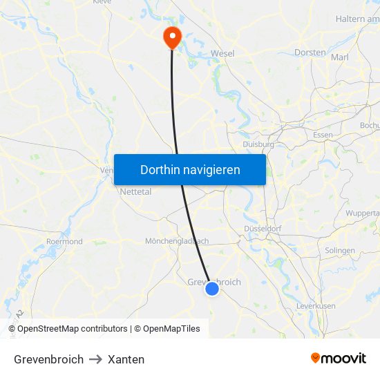 Grevenbroich to Xanten map