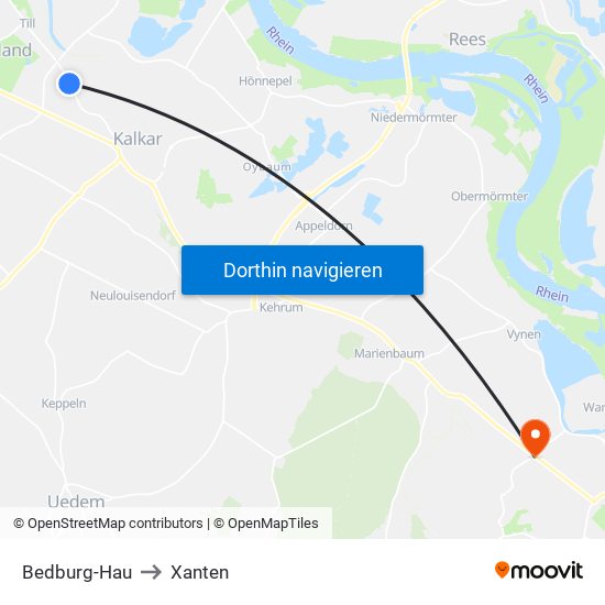 Bedburg-Hau to Xanten map