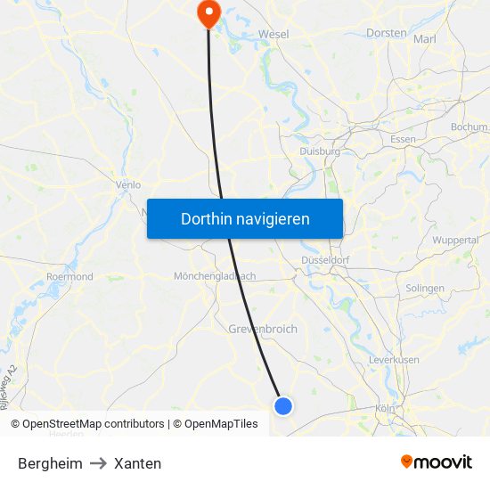 Bergheim to Xanten map