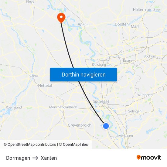 Dormagen to Xanten map