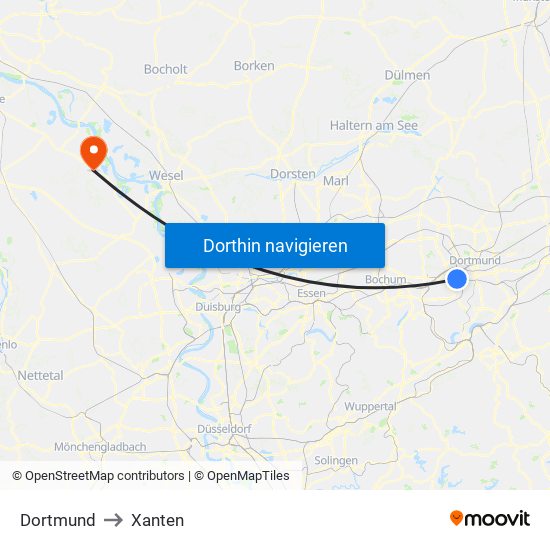 Dortmund to Xanten map