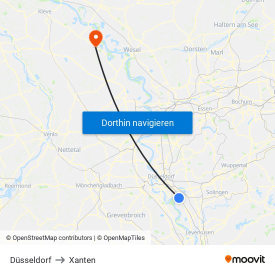 Düsseldorf to Xanten map