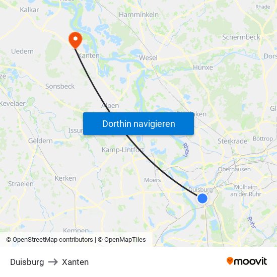 Duisburg to Xanten map