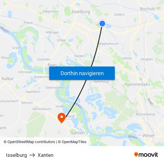 Isselburg to Xanten map