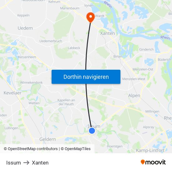 Issum to Xanten map