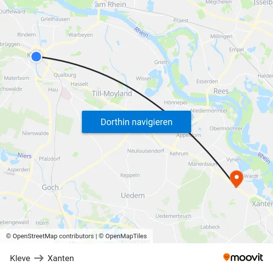 Kleve to Xanten map
