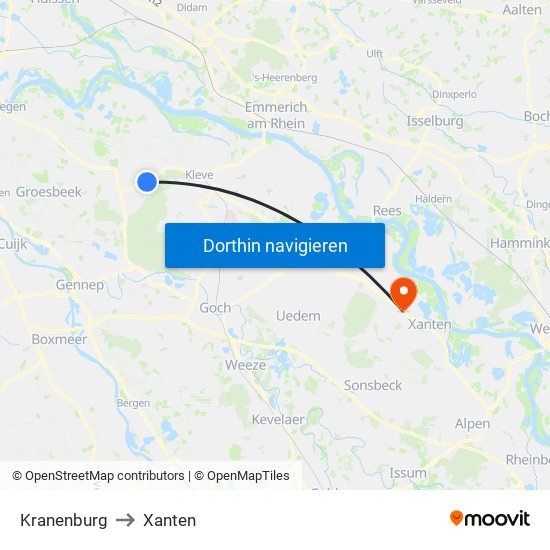 Kranenburg to Xanten map